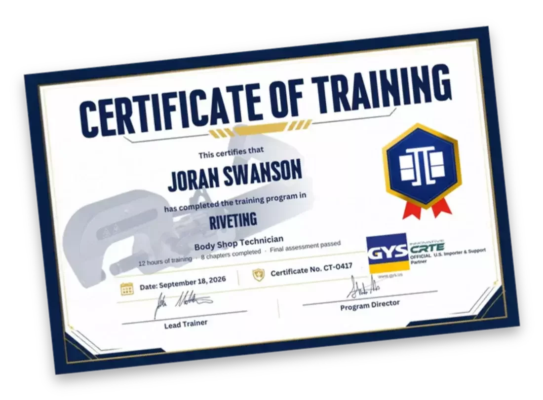 Sample Certificate of Training for Riveting, earned by a body shop technician, with the Riveting badge and signatures