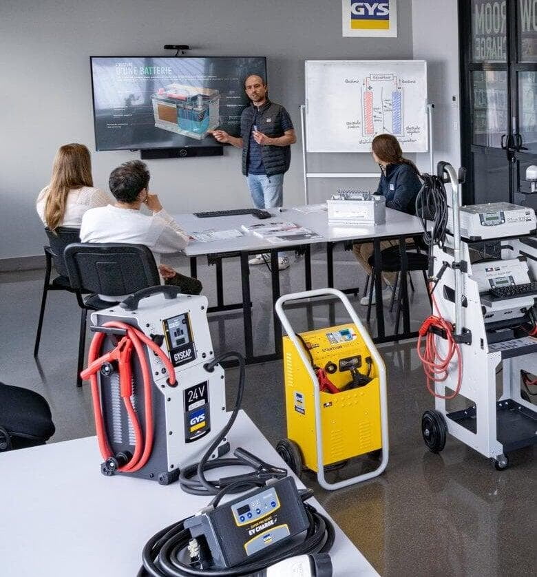 A GYS training classroom: a trainer at the screen teaching battery technology to a small group at the table